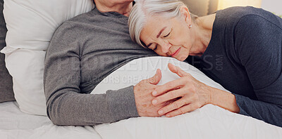 Buy stock photo Hug, bed and senior couple in home for bonding, relationship and care for recovery in home. Marriage, retirement and elderly man and woman embrace in bedroom for healthcare, nursing and wellness