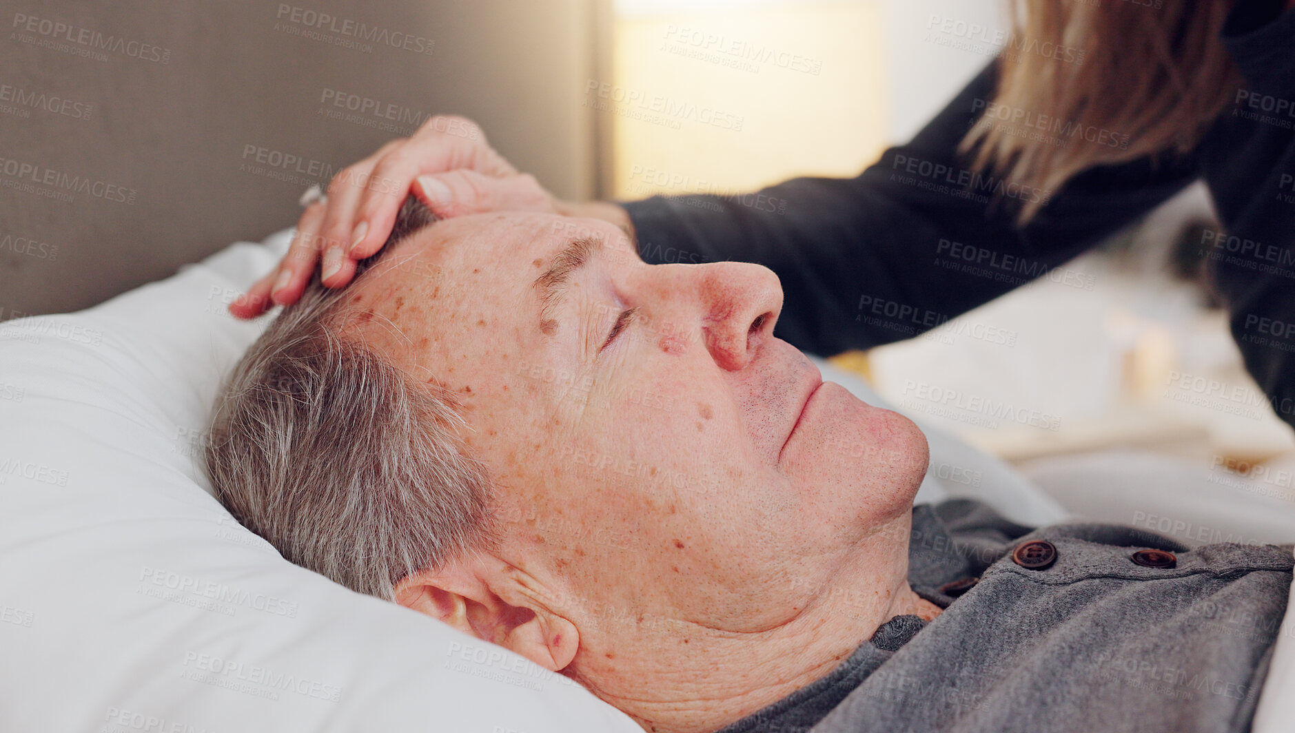 Buy stock photo Senior woman caring her husband in bed with love, care and marriage at modern home together. Sick, recover and elderly couple in retirement with illness in bedroom of hospice, nursing center or house