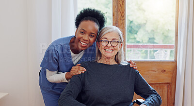 Buy stock photo Senior care, caregiver and old woman with wheelchair, portrait and smile in health at nursing home. Support, kindness and happy face of nurse with elderly person with disability for homecare service.