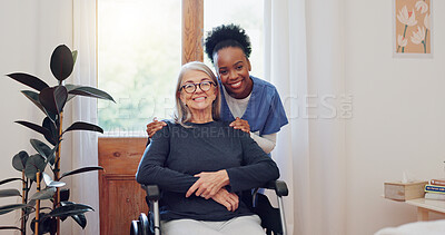 Buy stock photo Senior care, nurse and old woman with wheelchair, portrait and smile in health at nursing home. Support, kindness and happy face of caregiver with elderly person with disability for homecare service.
