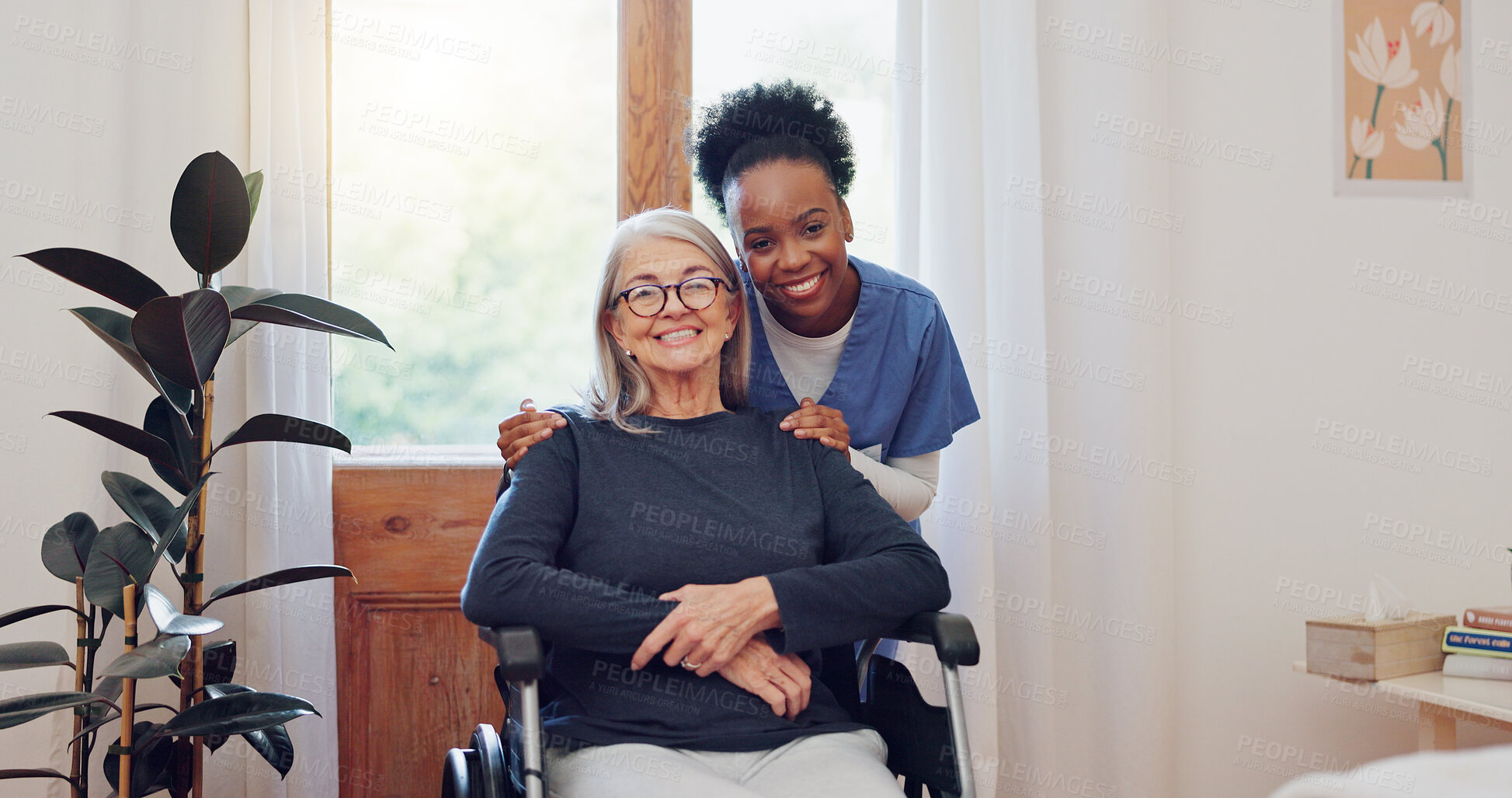 Buy stock photo Senior care, nurse and old woman with wheelchair, portrait and smile in health at nursing home. Support, kindness and happy face of caregiver with elderly person with disability for homecare service.