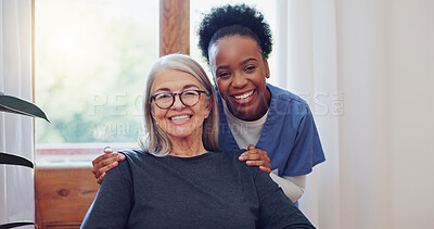 Buy stock photo Senior care, nurse and old woman with smile, portrait and health at nursing home. Support, kindness and happy face of caregiver with elderly person with retirement homecare service in house together.
