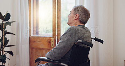 Buy stock photo Wheelchair, thinking and senior man patient in retirement home with mental health and grief. Bedroom, sad and elderly male person with disability at window with memory, lonely and dream in a house