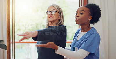 Physical therapy, senior woman and stretching at a retirement home for wellness and healthy. Medical, worker and caregiver with elderly consultation at clinic with help and support of chiropractor