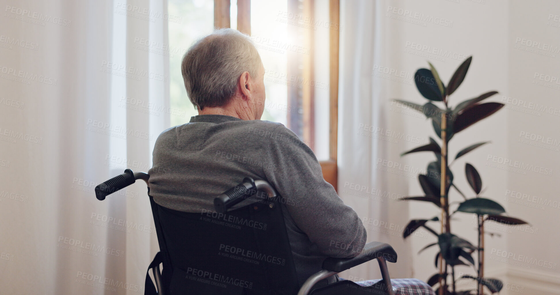 Buy stock photo Wheelchair, thinking and senior man back in care and retirement home with mental health and grief. Bedroom, sad and elderly person with disability at window with memory, lonely and dream in house