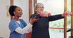 Physical therapy, exercise and senior woman with dumbbell, weightlifting and training arms and muscle. Strong, fitness and old person with nurse or physiotherapist to help in rehabilitation workout