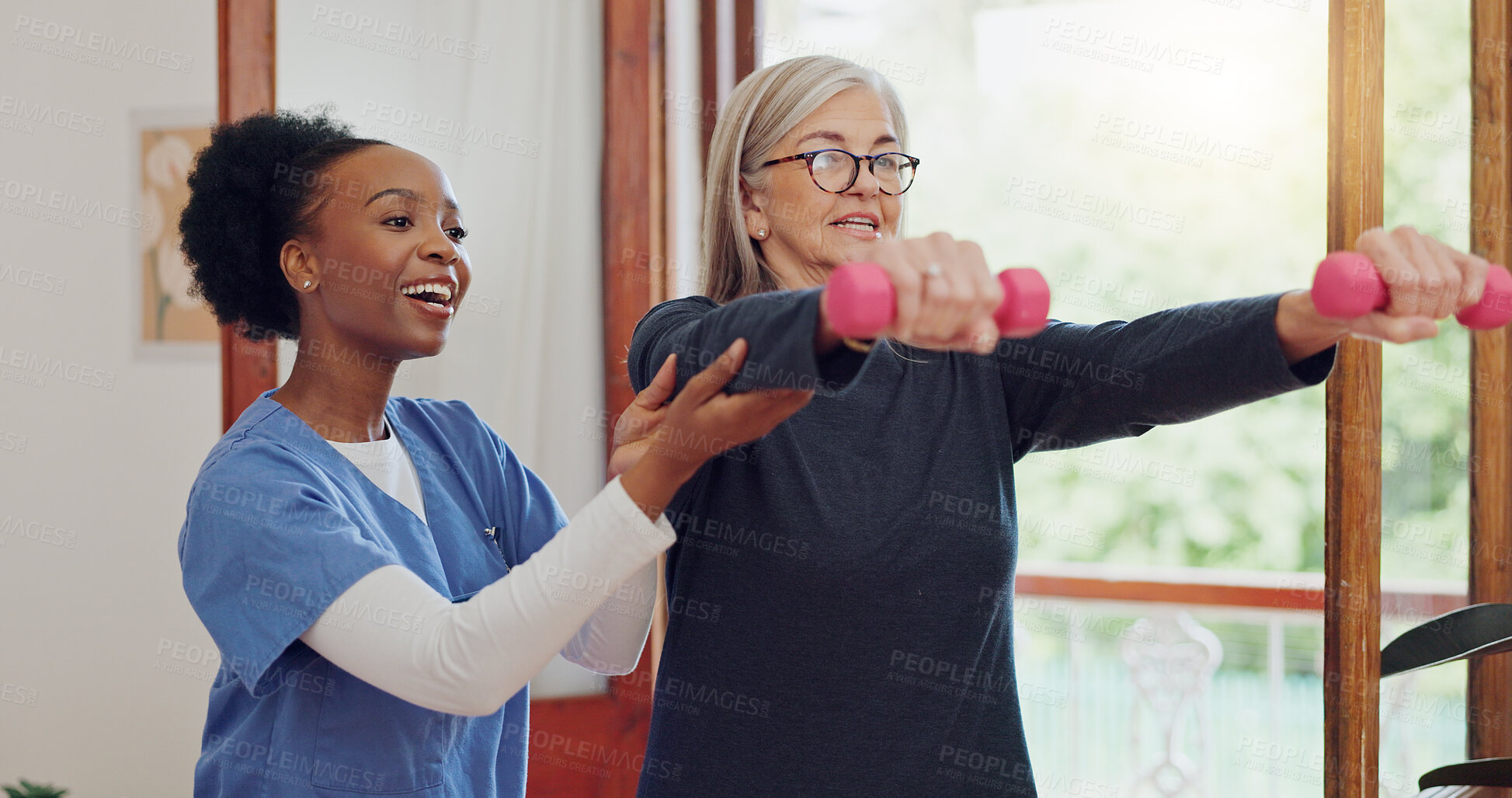 Buy stock photo Physical therapy, exercise and senior woman with dumbbell, weightlifting and training arms and muscle. Strong, fitness and old person with nurse or physiotherapist to help in rehabilitation workout