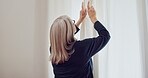 Senior woman in home, opening curtains and getting ready for the day with sun, light and fresh air. Morning routine, retirement and elderly person at window in apartment, housework and chores in room