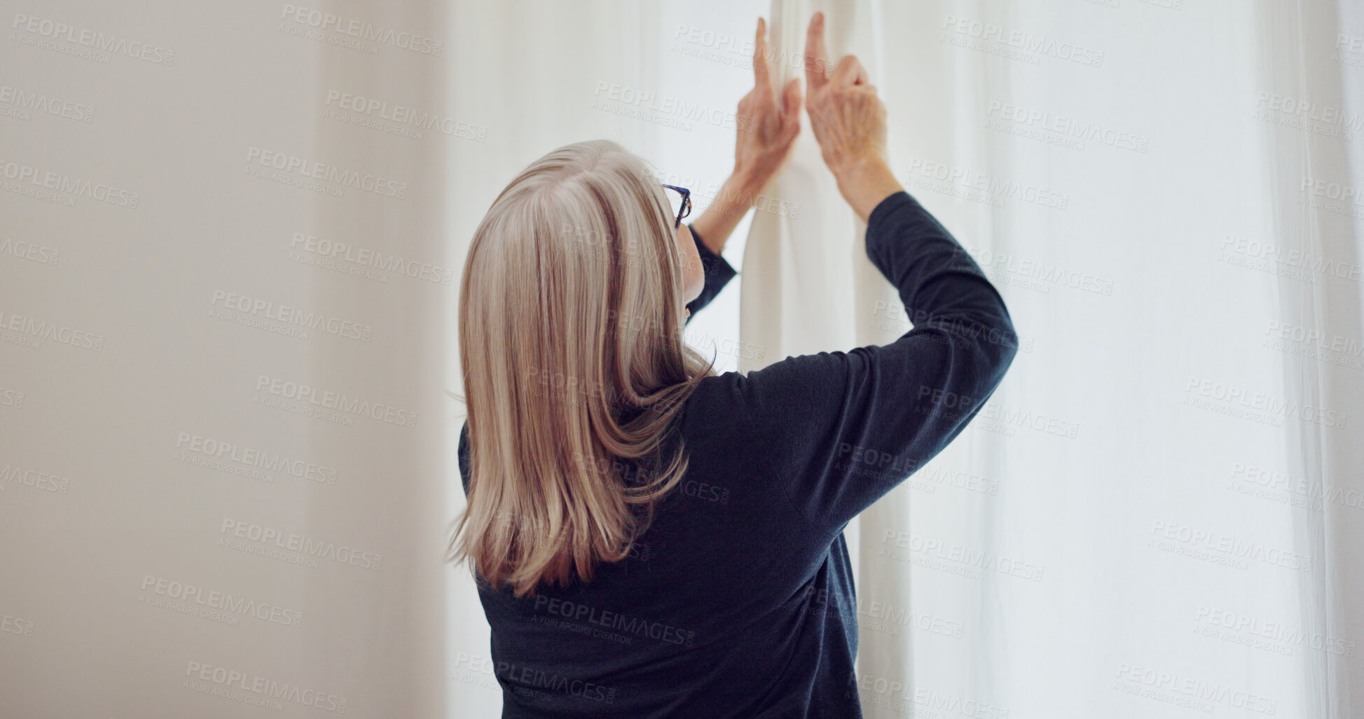 Buy stock photo Senior woman in home, opening curtains and getting ready for the day with sun, light and fresh air. Morning routine, retirement and elderly person at window in apartment, housework and chores in room