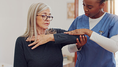 Buy stock photo Physical therapy, senior woman and injury check at a retirement home for wellness and healthy. Medical, worker and caregiver with elderly consultation at clinic with help and support of chiropractor