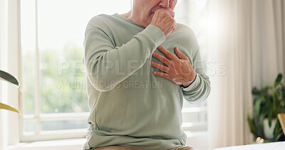 Buy stock photo Coughing, sick and a person feeling chest for pain, heart attack or health problem at home. Healthcare, covid and a man with a cold, flu or virus of the lungs, infection or symptom of a disease