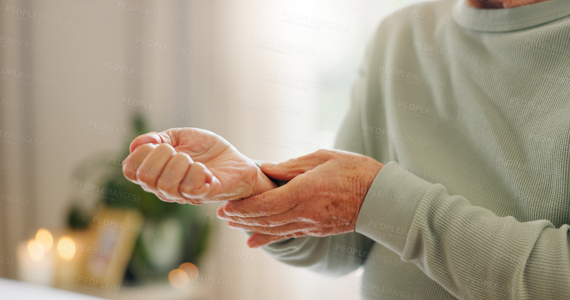 Buy stock photo Hands, check pulse and heart rate, health and senior person with cardiovascular healthcare. Help, support and medical aid, closeup and monitor heartbeat with cardiology and elderly care for wellness