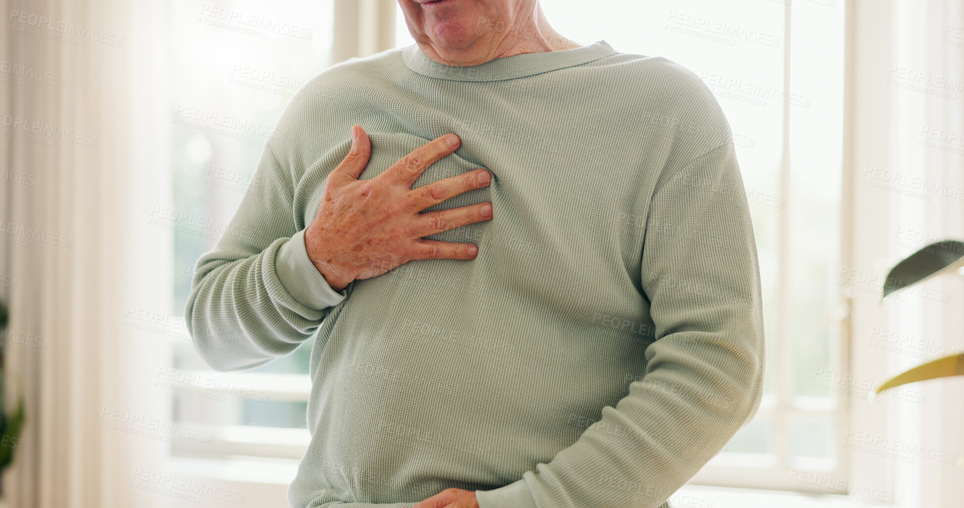 Buy stock photo Heart attack, cardiology and person holding chest with pain, sick and cardiovascular healthcare. Indigestion, heartburn and health with wellness, elderly care with medical issue and hypertension