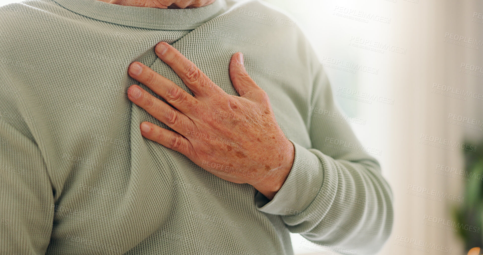 Buy stock photo Heart attack, cardiology and person hand on chest with pain, sick and cardiovascular closeup. Indigestion, heartburn and health with wellness, elderly care with medical issue and hypertension