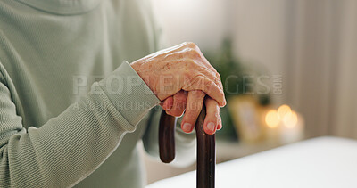 Buy stock photo Hands, elderly and walking stick, person with a disability and mockup space with closeup. Senior care, cane to help with balance and support with Parkinson disease or arthritis, sick and health issue