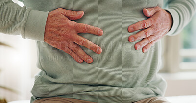 Hands on stomach, closeup and gut health, digestion and nutrition with elderly care and person has pain. Sick, colon and gas with healthcare and wellness, help and support for stress and illness