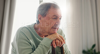 Buy stock photo Old man, thinking and walking stick, person with disability and remember with reflection at home. Senior care, cane to help with balance and support, Parkinson or arthritis with nostalgia and memory