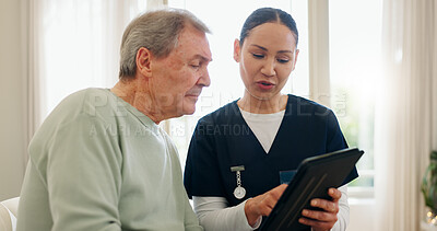 Elderly man, tablet and nurse consultation, healthcare and reading health exam results, test data or assessment. Listening patient, nursing home support and caregiver show client senior care report