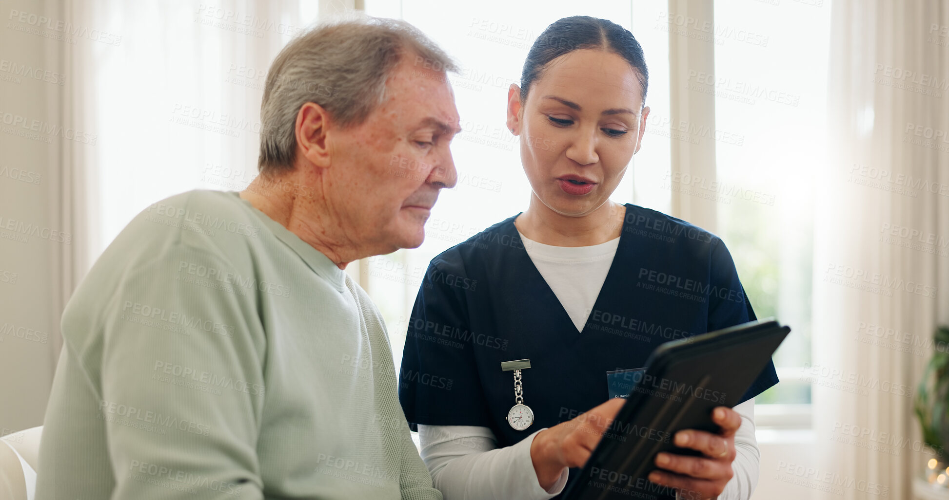 Buy stock photo Elderly man, tablet and nurse consultation, healthcare and reading health exam results, test data or assessment. Listening patient, nursing home support and caregiver show client senior care report