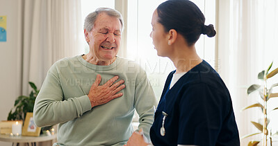 Buy stock photo Senior man, nurse and consulting on chest pain, heart problem or cardiovascular lung crisis. Healthcare consultation, medical service and caregiver helping elderly patient sick with hypertension