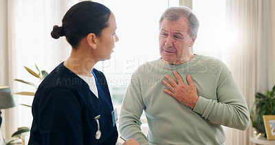 Buy stock photo Senior man, nurse and talk on chest pain, heart problem or cardiovascular lung fail, tuberculosis risk or cancer crisis. Hypertension consultation, medical caregiver and helping sick elderly patient