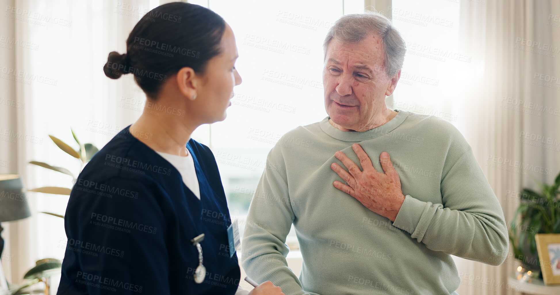 Buy stock photo Senior man, nurse and talk on chest pain, heart problem or cardiovascular lung fail, tuberculosis risk or cancer crisis. Hypertension consultation, medical caregiver and helping sick elderly patient