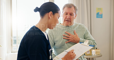 Buy stock photo Nurse, clipboard and senior man with heart pain, chest problem or cardiovascular lung fail, tuberculosis risk or cancer. Hypertension, asma and caregiver writing notes, health survey or ask questions