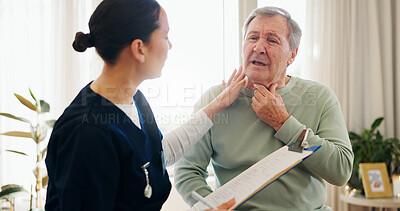 Buy stock photo Nurse, clipboard or senior man with neck pain, throat cancer or check laryngitis problem, anatomy assessment or symptoms. Consultation, patient or caregiver test, exam or expert with healthcare notes