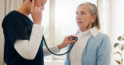 Buy stock photo Elderly woman, nurse or stethoscope for healthcare, examination or chest problem at hospital or clinic. Medical, senior person and caregiver or professional for lung health, heart check or cardiology