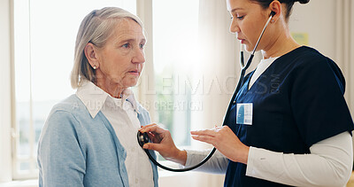 Buy stock photo Senior woman, nurse or stethoscope for healthcare, examination or chest problem at hospital or clinic. Medical, elderly person and caregiver or professional for lung health, heart check or cardiology