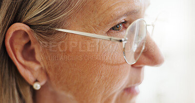 Glasses, closeup and senior woman with idea, thinking and problem solving with memory, nostalgia and remember. Elderly person, pensioner and old lady with eyewear, home and alzheimer in a living room