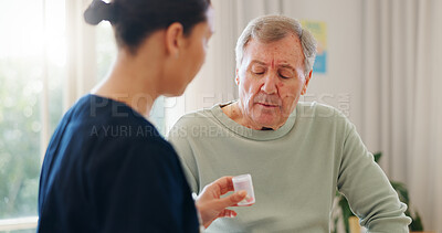 Buy stock photo Pills bottle, elderly man and caregiver explain product info, wellness medicine or prescription drugs. Sick patient, consultation or nurse advice on pharmaceutical, vitamins or healthcare supplements