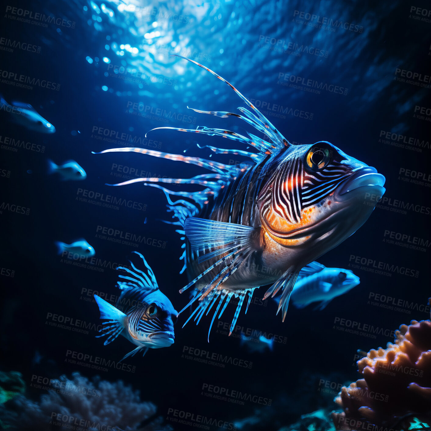 Buy stock photo Underwater close-up of glowing fish. Animal sea life at night.