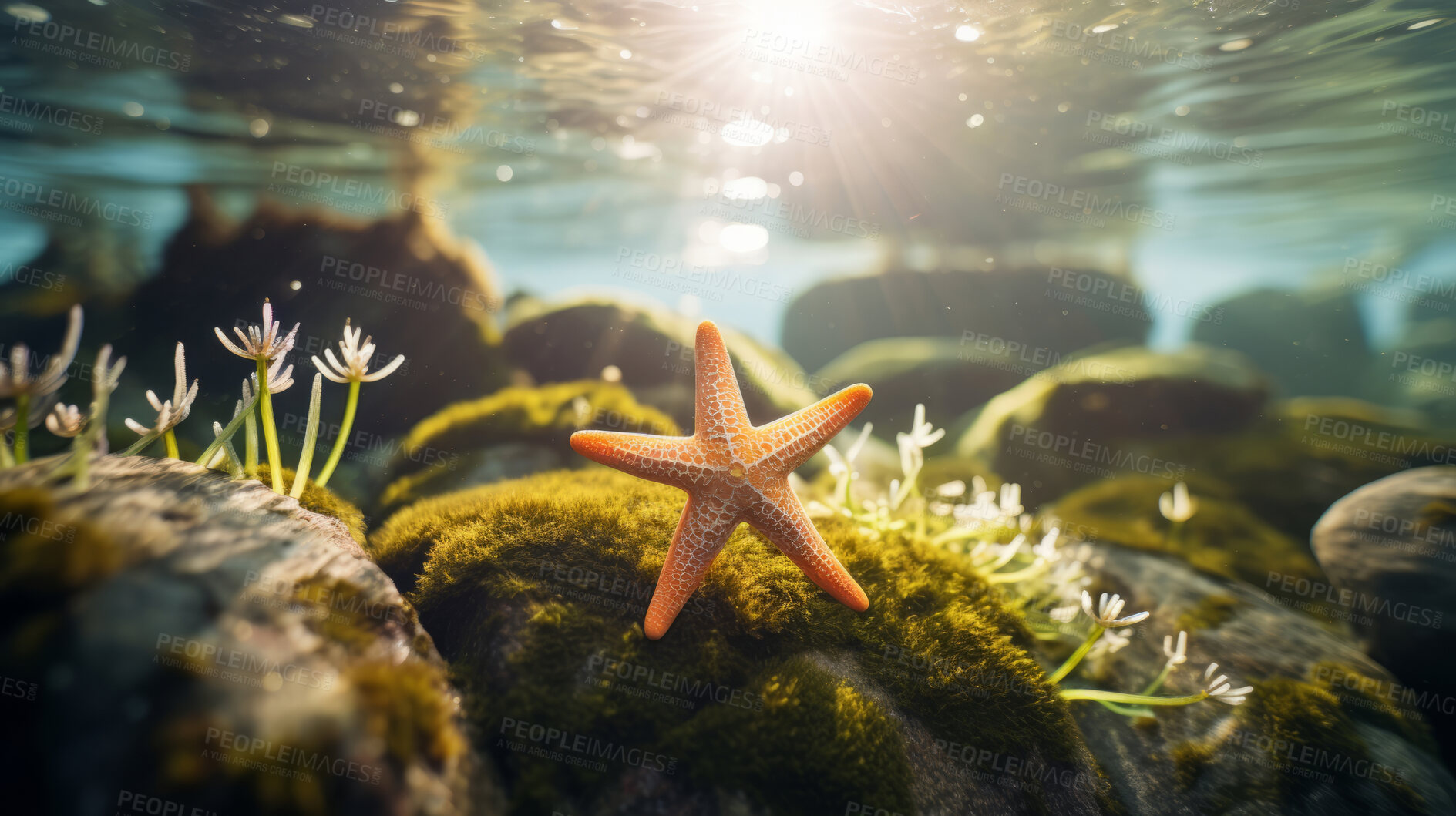 Buy stock photo Underwater shot of starfish. Beautiful nature underwater life concept.