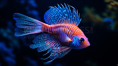 Underwater close-up of glowing fish. Animal sea life at night.