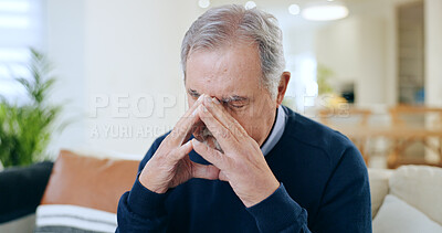 Buy stock photo Senior man, headache and stress in financial crisis, retirement debt or mistake on living room sofa at home. Mature male person with migraine, anxiety or depression in loss or mental health at house