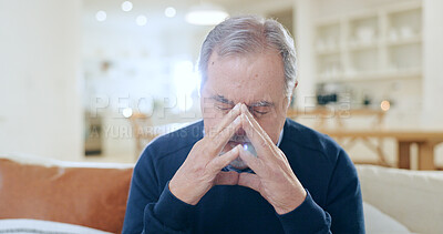 Buy stock photo Stress, headache or old man in home with depression, worry or fatigue in retirement frustrated by debt. Sad, anxiety or tired senior person with problem, crisis or exhausted on couch with migraine