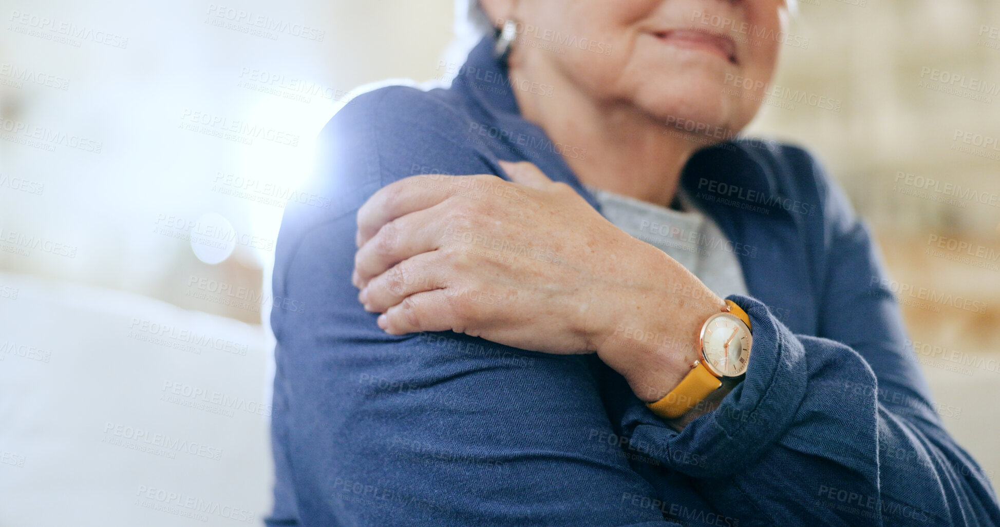 Buy stock photo Closeup, shoulder pain and old woman with injury, accident and emergency with muscle tension, lens flare and strain. Pensioner, elderly lady or pensioner with stress, bruise and broker with arthritis