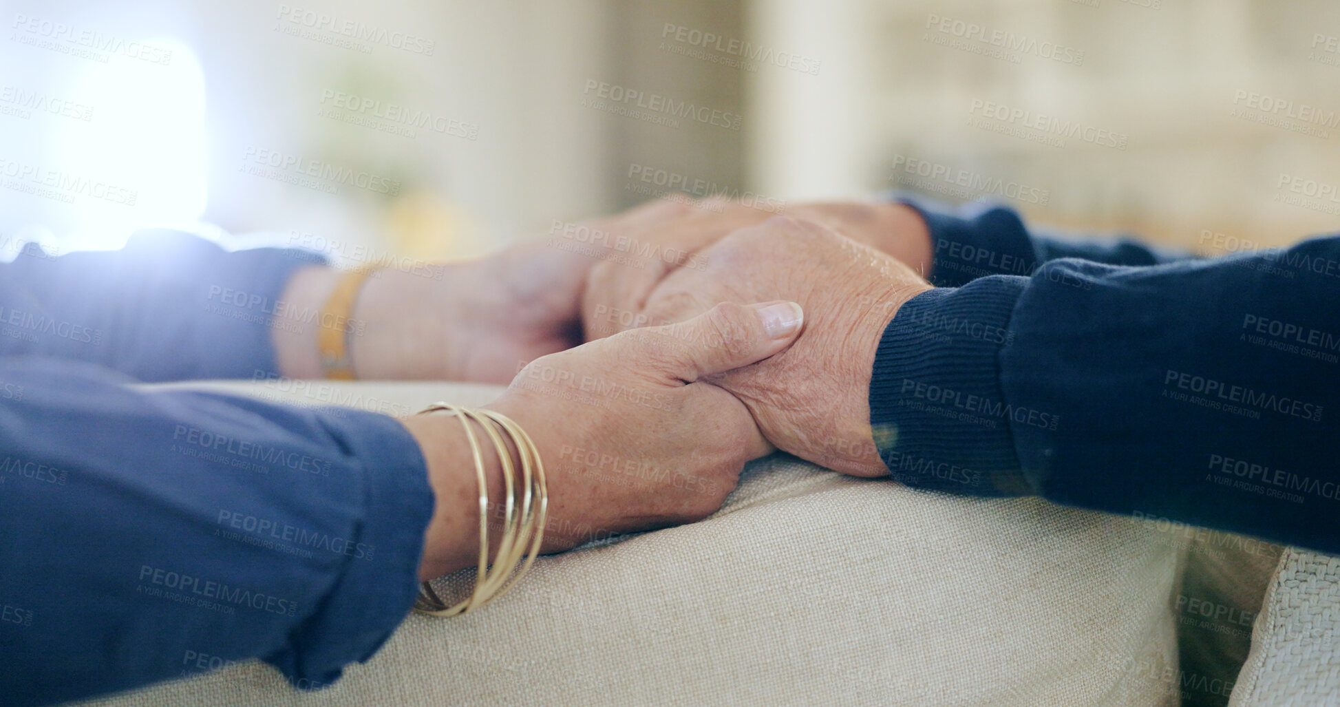 Buy stock photo Retirement, holding hands or old couple with support, trust or hope in marriage commitment at home. Zoom, comfort or senior man bonding to relax with an elderly woman on anniversary for love or care