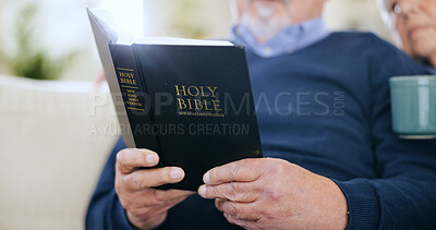 Hands, reading book or old couple with bible, hope or support in Christianity religion with faith or peace. Closeup, holy prayer or elderly person learning God in spiritual literature in retirement