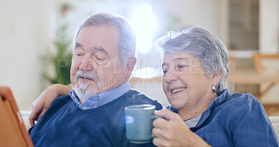 Buy stock photo Tablet, coffee and smile with an old couple in their home to relax together during retirement for happy bonding. Tech, love or romance with a senior man and woman drinking tea in their living room