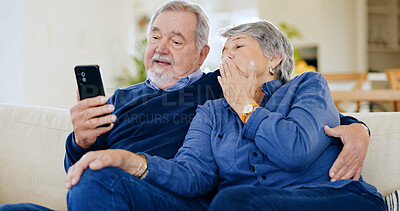 Buy stock photo Home, internet and senior couple with cellphone, love and connection with social media, talking and post. People, mature man and old woman with smartphone, online reading and typing with mobile user