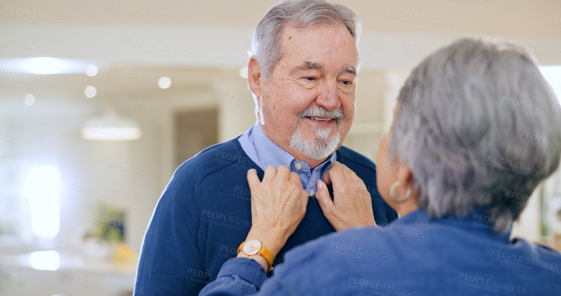 Buy stock photo Dressing, shirt and senior couple in their home with love, care and help getting ready together. Retirement, support and old woman adjusting clothes, collar or outfit of man while bonding in a house