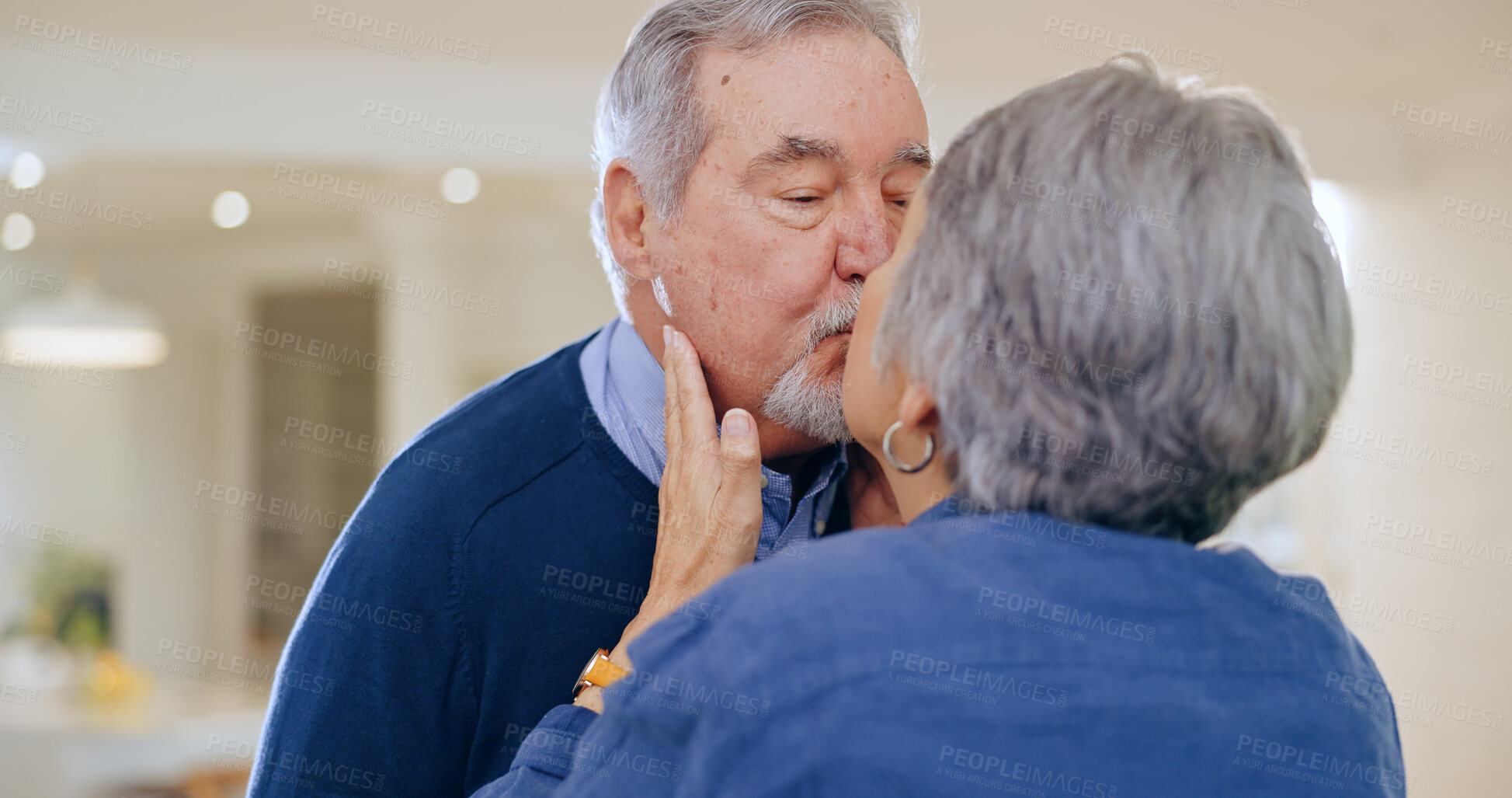 Buy stock photo Care, love or old couple kiss in home to relax for connection, support, bond for trust or comfort. Elderly people in marriage, house or retirement with commitment, affection or romance together