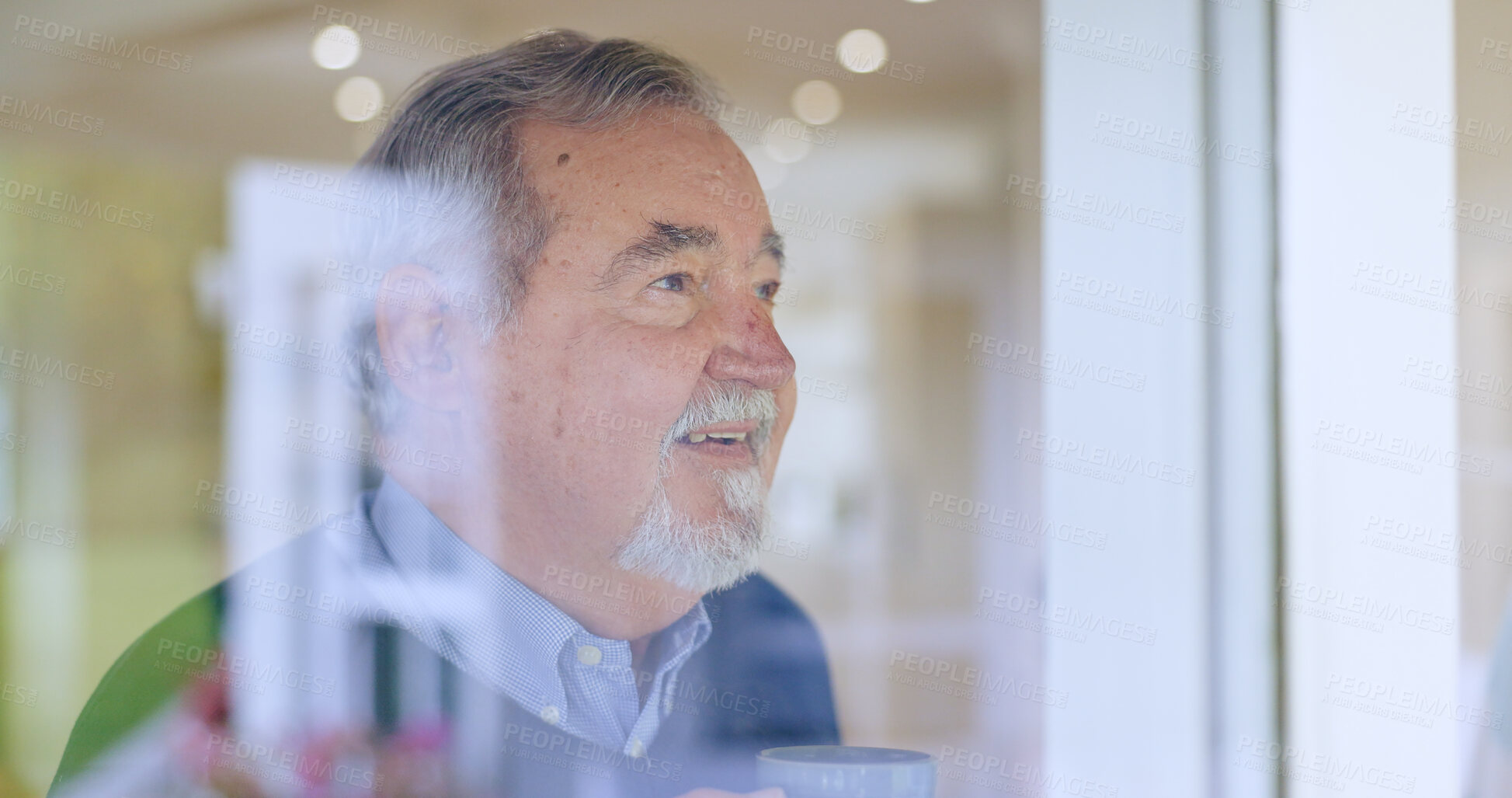 Buy stock photo Happy, thinking or face of an old man by window in retirement with ideas or memory in living room. Remember, smile or elderly male person by glass for nostalgia in home alone drinking tea or coffee