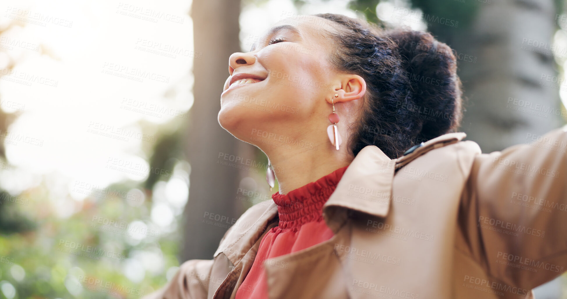 Buy stock photo Freedom, happy and business woman in a park with vacation, celebration or positive mindset outdoor. Smile, energy and female entrepreneur in a forest for holiday, fresh air and excited in nature