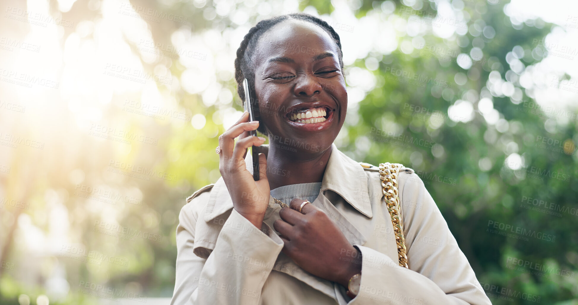 Buy stock photo Funny, black woman and phone call outdoor, business conversation or talk to contact. Smartphone, laughing at park and happy African person listening to story, news and consultant on mobile technology