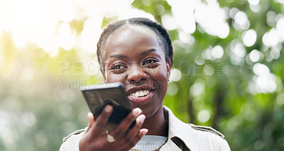 Phone call, black woman and smile in park or nature with communication, networking or technology for business. Person, face and smartphone with happiness for conversation, discussion or speaker voice
