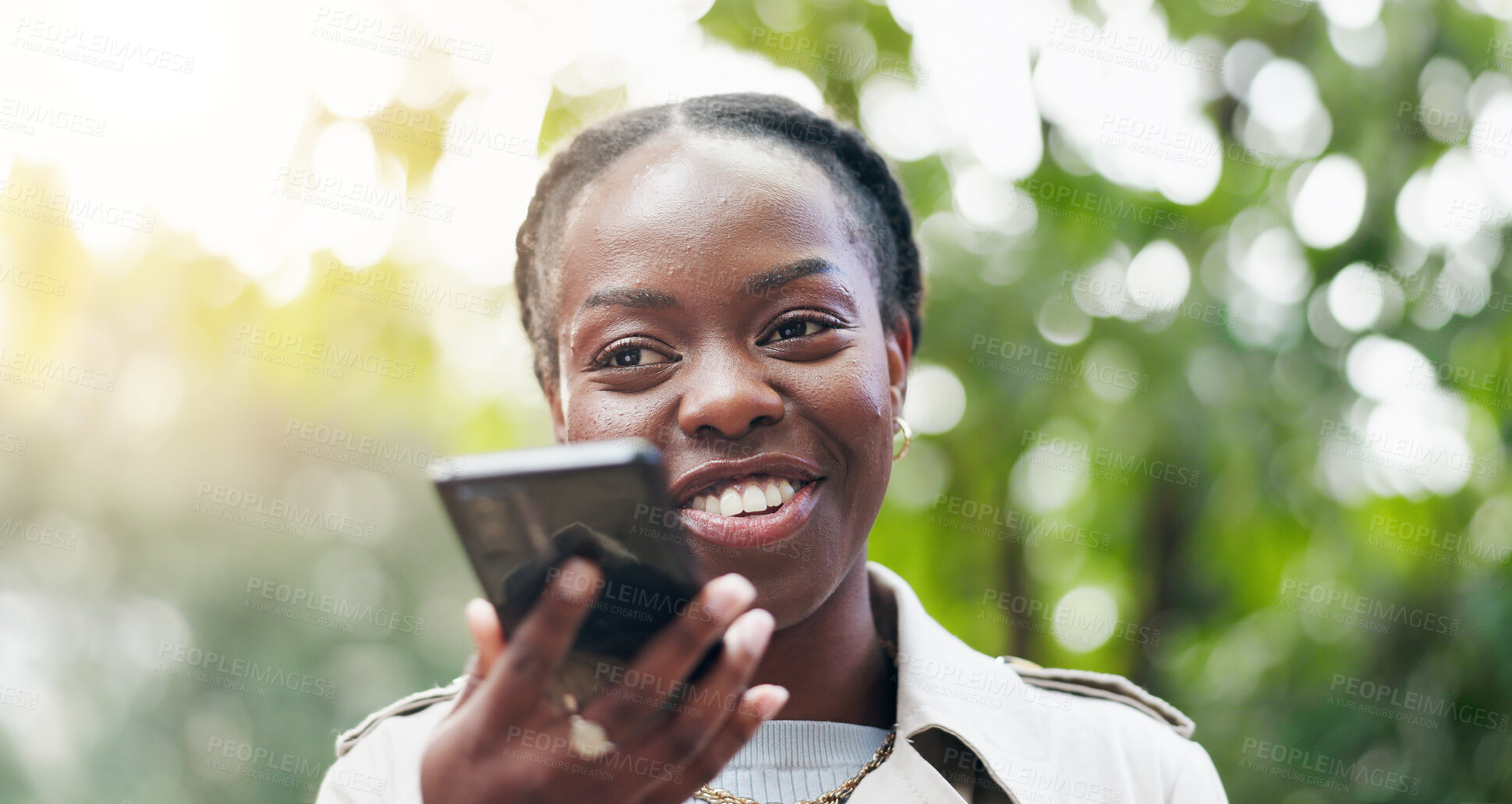 Buy stock photo Phone call, black woman and smile in park or nature with communication, networking or technology for business. Person, face and smartphone with happiness for conversation, discussion or speaker voice