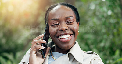 Phone call, woman and smile in park or nature with communication, networking or technology for business. Black person, face and smartphone with happiness for conversation, discussion or chat outdoor
